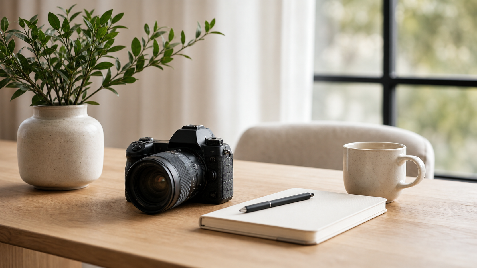 Appareil photo posé sur un bureau lumineux
